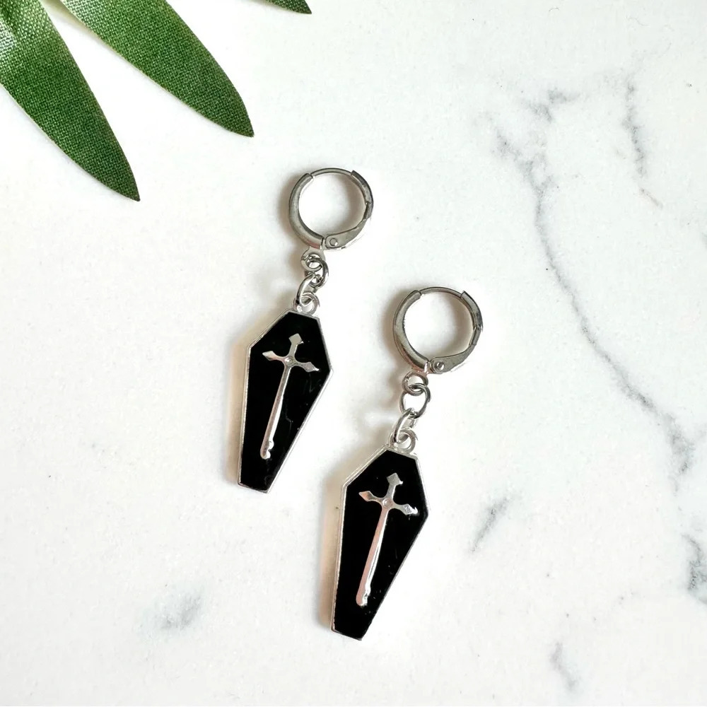 2/$30🌵 Coffin Cross Earrings Mini Hoop Huggies Gothic Dangle Jewelry Death NEW
